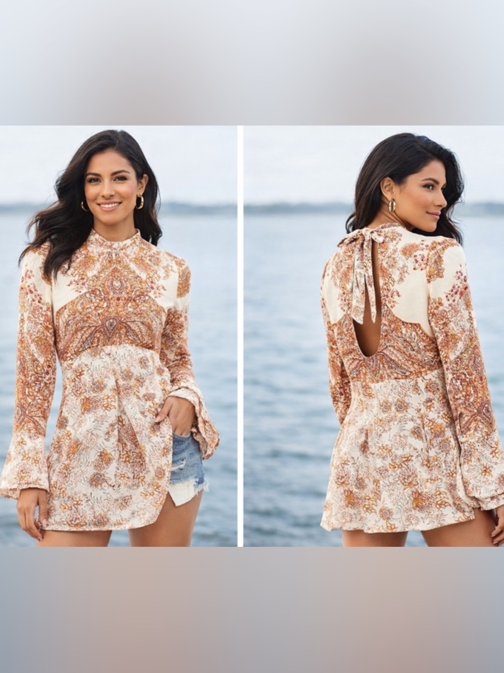 NEW FREE PEOPLE Floral Tunic Festival Lady Luck Boho Open Back Long Sleeve S